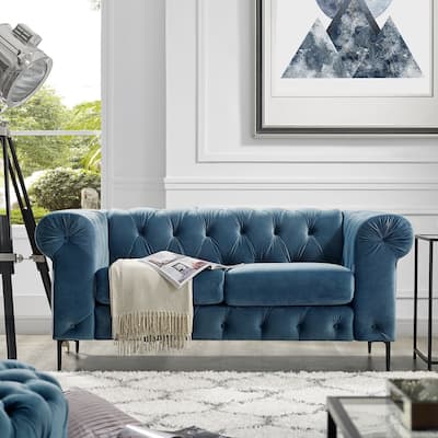 Corvus Prato Tufted Velvet Chesterfield Loveseat Sofa with Rolled Arms