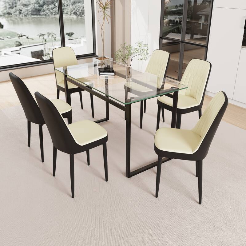 Modern Dining Set with Rectangular Glass Table & PU Upholstered Chairs