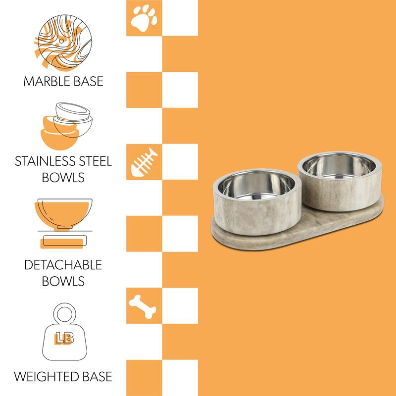 Marbre 12oz Double Pet Bowl Set - Marble & Stainless Steel with Non-Slip Tray