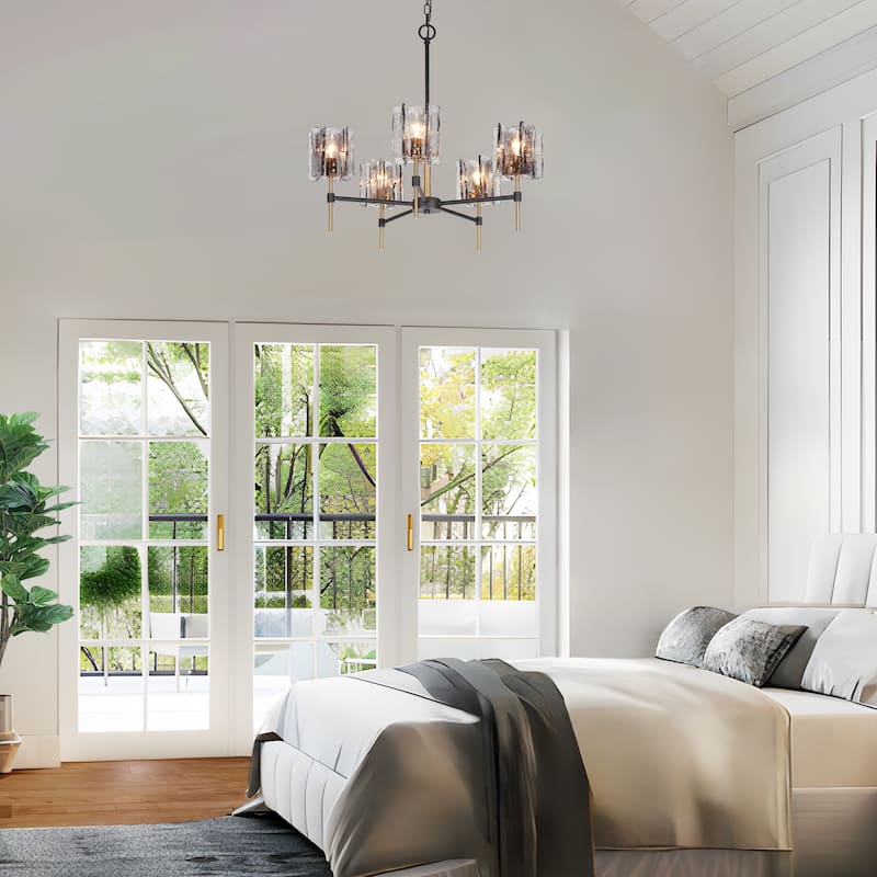 Kasy Modern 5-Light Wheel Chandelier Textured Glass Lights for Dining Room - D 26" x H 86" Max