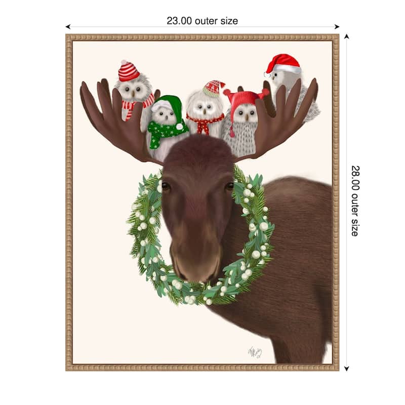Christmas Moose and Christmas Owls by Fab Funky (23 x 28 in.), Framed Canvas Wall Art Print - Sylvie Beaded Rustic Natural