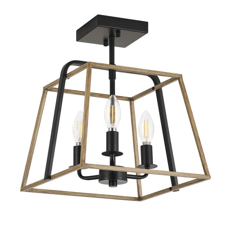 Farmhouse Semi Flush Mount Ceiling Light Rustic Black and Grey Wood 3 Light Iron Fixture