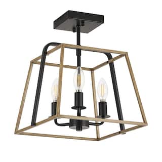 Farmhouse Semi Flush Mount Ceiling Light Rustic Black and Grey Wood 3 Light Iron Fixture