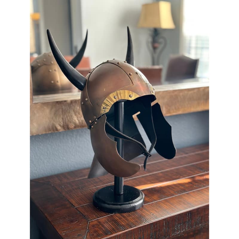 Horned Authentic Medieval Viking Iron Helmet Replica with Display Stand - N/A - Copper