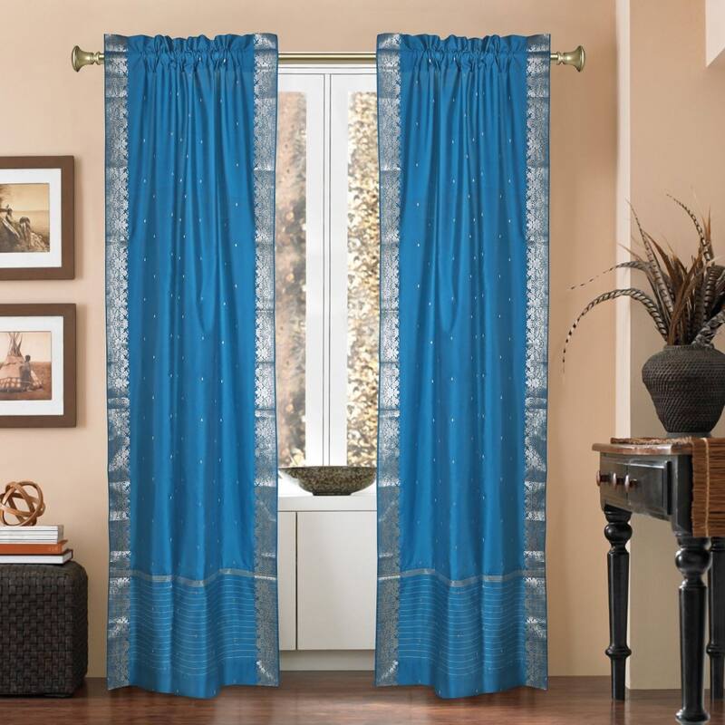 Turquoise Rod Pocket Sheer Sari Curtains w/ Silver Border-Pair