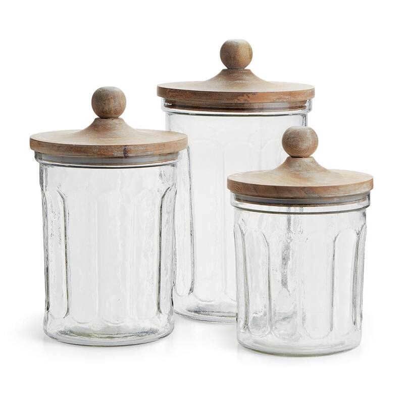 Olive Hill Glass and Mango Wood Canisters Set of 3