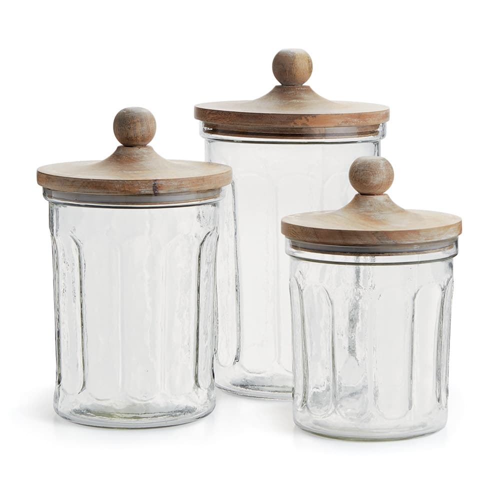 Olive Hill Glass and Mango Wood Canisters Set of 3