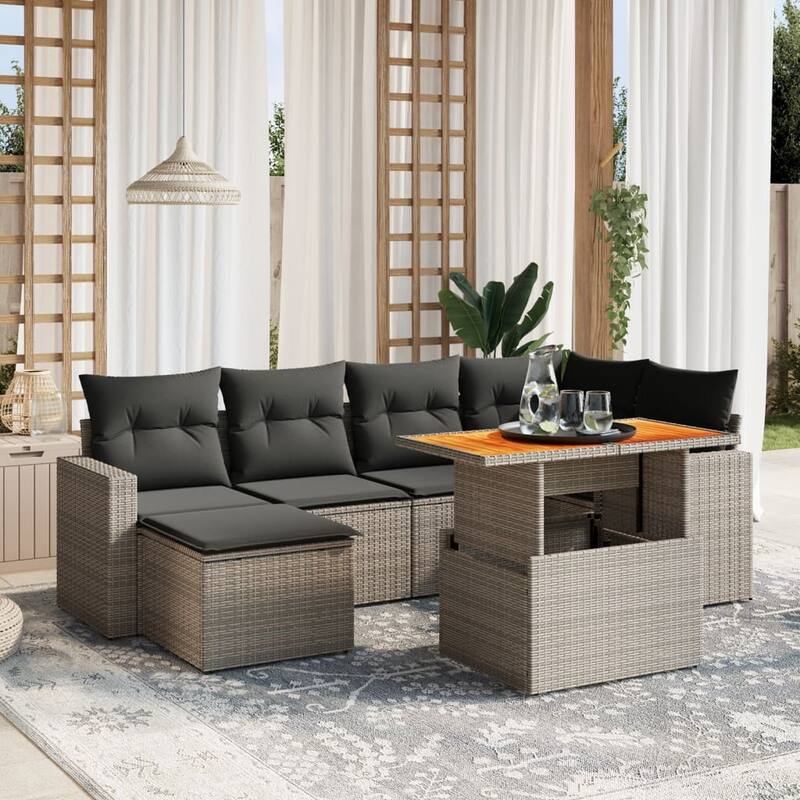 vidaXL Patio Sofa Set with Cushions Table and Footstool 7 Piece Poly Rattan - 21.7 x 39.4 x 28.7 - Grey