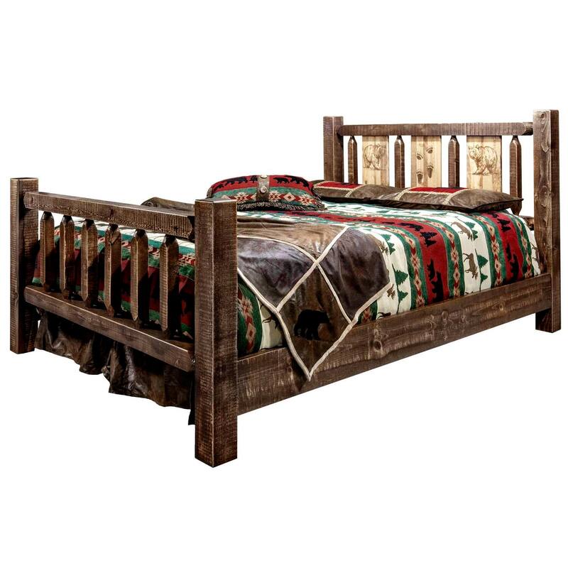 Rustic King Bed - Laser Engraved Bear Motif - Heirloom Quality Wood Bed Frame - 94"L x 80"W x 47"H