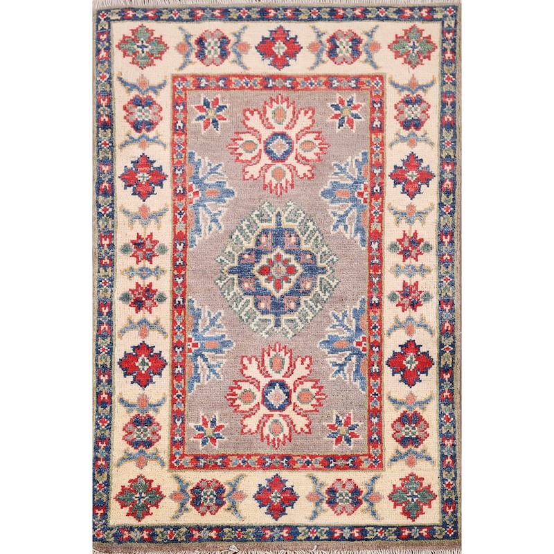 Hand Knotted Oriental 100% Wool Carpet Traditional Geometric Greys & Charcoal Kazak Area Rug - 3' 0'' X 2' 0''