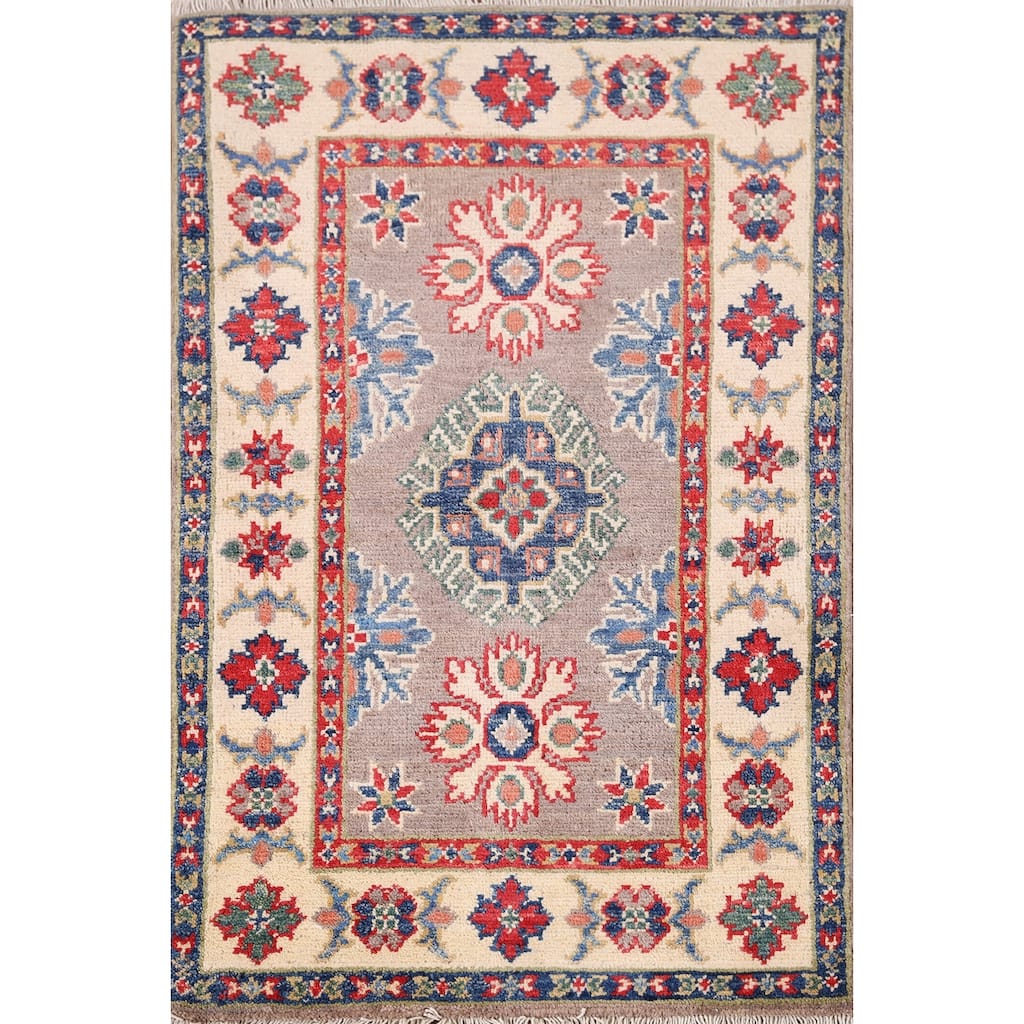 Hand Knotted Oriental 100% Wool Carpet Traditional Geometric Greys & Charcoal Kazak Area Rug - 3' 0'' X 2' 0''