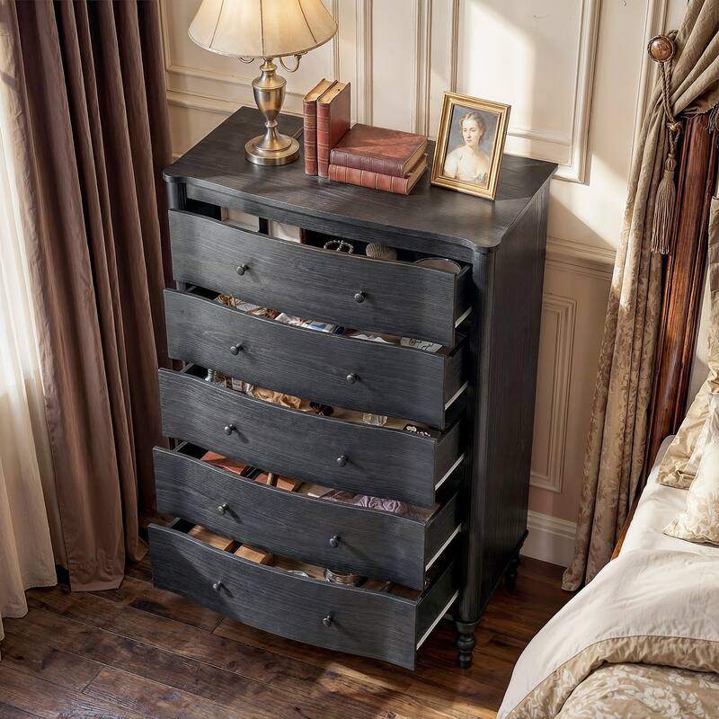 5 Drawer Chest Dresser for Bedroom, Wooden Chest of Drawers with Turned Solid Wood Legs, Modern Storage Dresser, 32.8" Wide