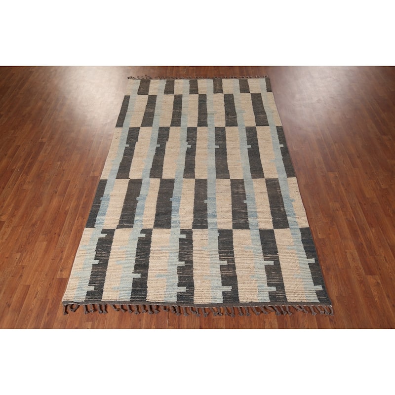 Moroccan Modern Area Rug Hand-Knotted Oriental Beige Wool Carpet - 5'11"x 9'7"