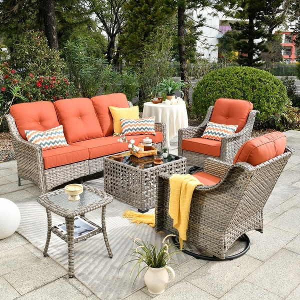 OVIOS 5-Piece Outdoor Wicker Swivel Chair Set With Solar-Powered