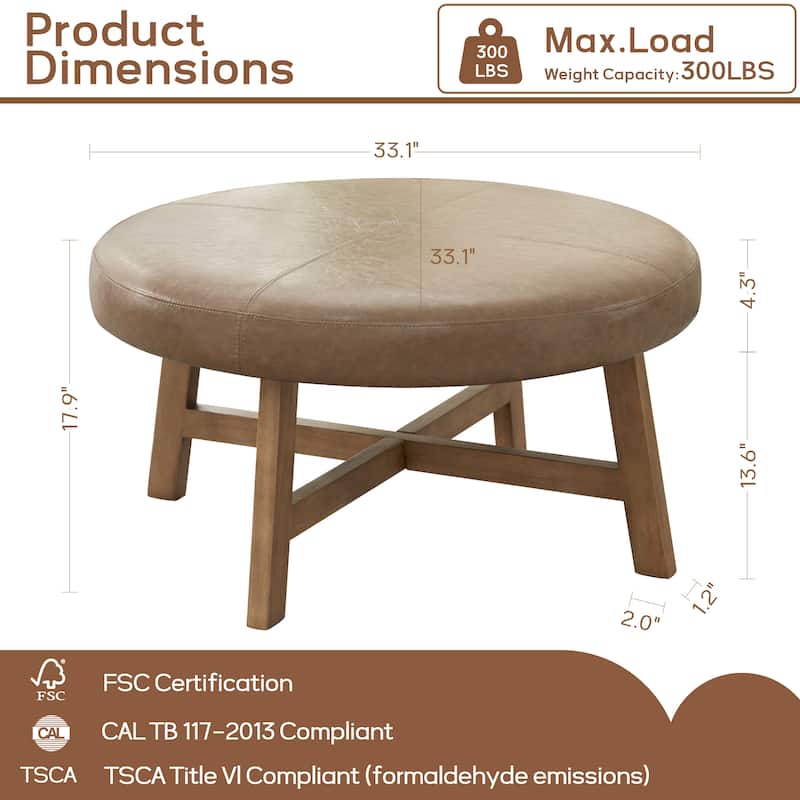 Round Upholstered Coffee Table with Solid Wood Base, Modern Fabric Ottoman Table for Living Room