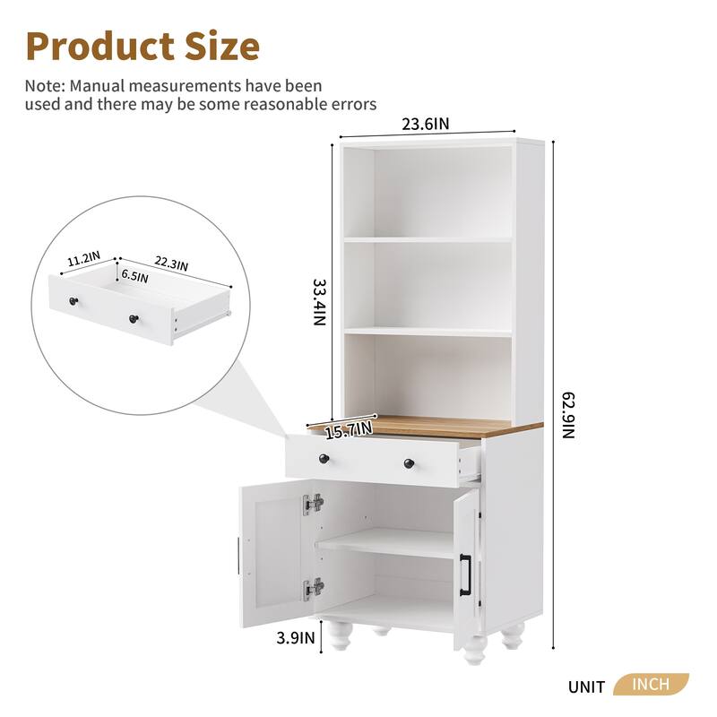 Farmhouse Storage Cabinet: 4 Solid Wood Gourd Legs, Adjustable Shelves, 5-Tier Bookshelf with Drawer