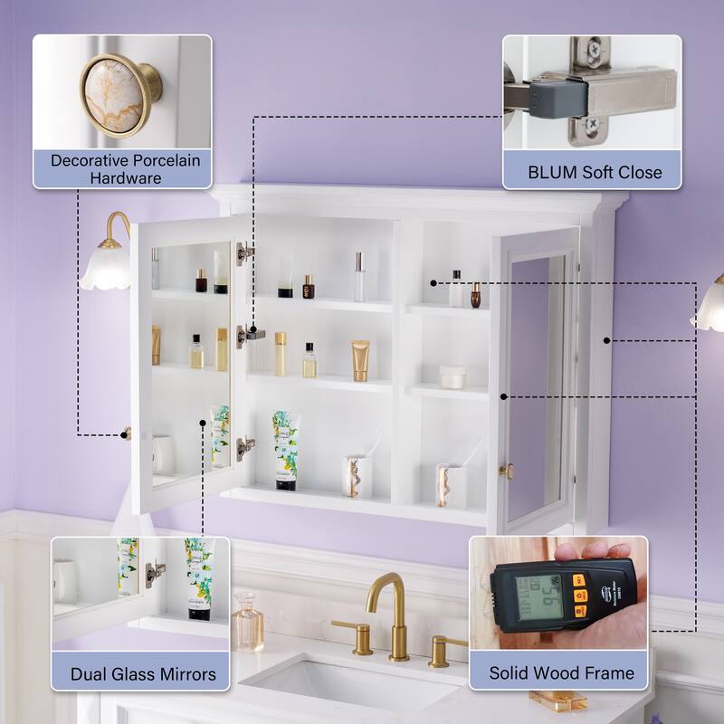 40"W X30"H Surface Mount Solid Wood Framed Medicine Cabinet With Soft-close Door And Wooden Shelves
