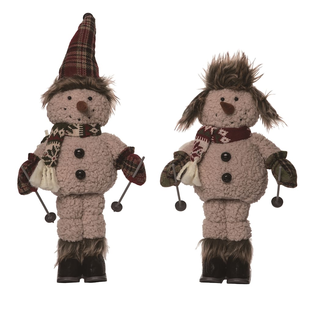 Transpac Plush Rustic Skiing Snowman Set of 2 Christmas Home Decorations - Multicolor
