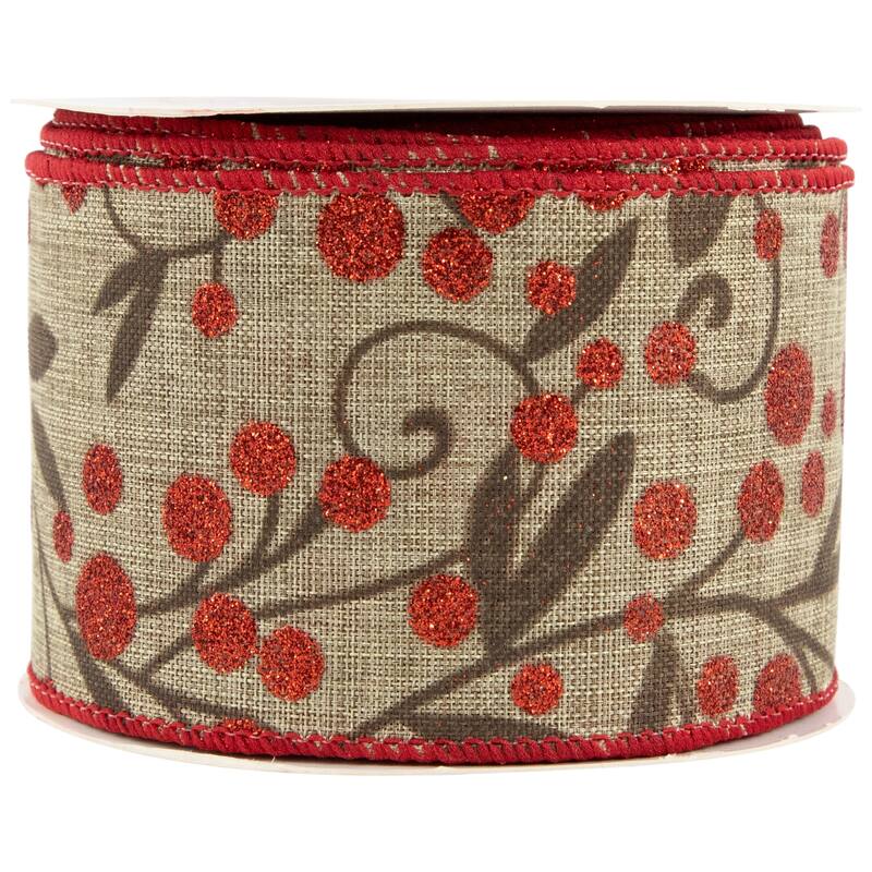 Brown and Red Berry Wired Craft Christmas Ribbon 2.5" x 10 Yards