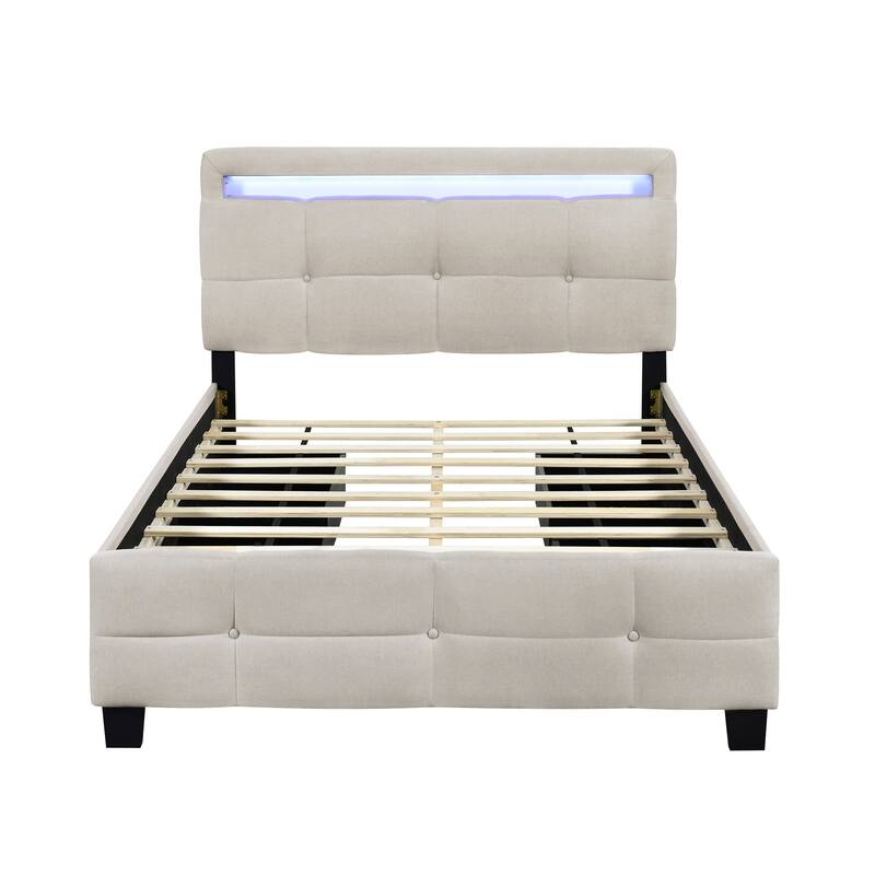Upholstered Platform Bed with LED Frame and Drawers