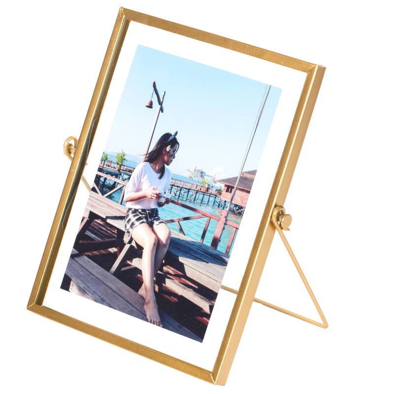 Modern Metal Floating Tabletop Photo Picture Frame with Glass Cover and Easel Stand - Large - Gold