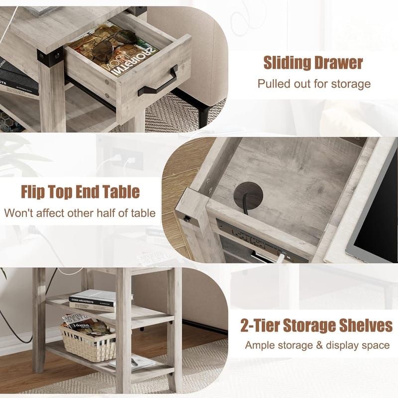 End Table with USB Ports and Outlets, Flip Top Side Table Narrow
