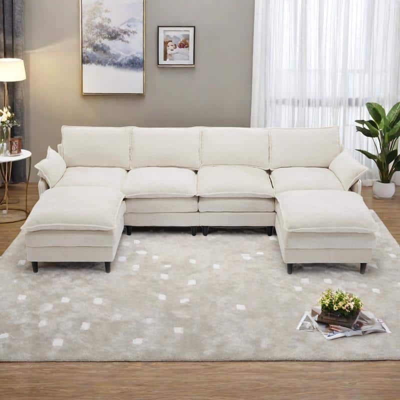 121.5" Chenille U-Shaped 6-Seater Sectional Sofa with 2 Movable Ottomans and 6 Pillows - Beige
