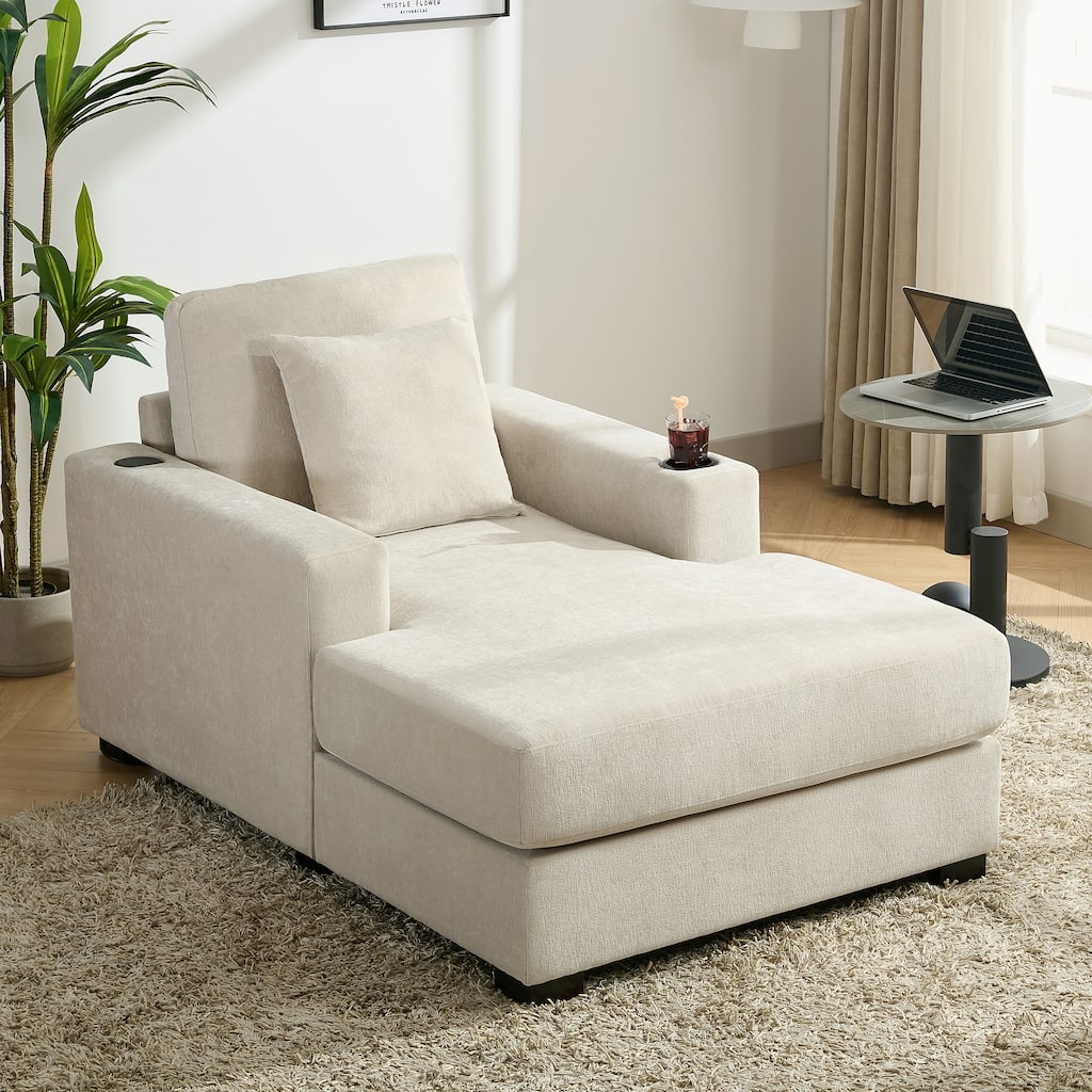 Oversized Chaise Lounger Modern Sofa Couch with Pillows, Charge Station & Cup Holders