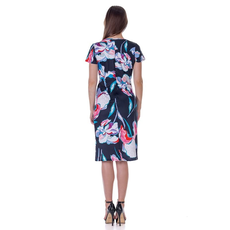 24seven Comfort Apparel Black Floral Knee Length Short Sleeve Faux Wrap Dress