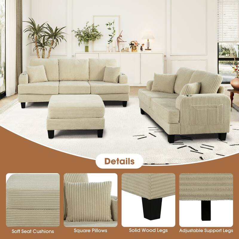 Modern Fabric 3-piece Sectional Sofa Set with Loveseat and Storage Ottoman
