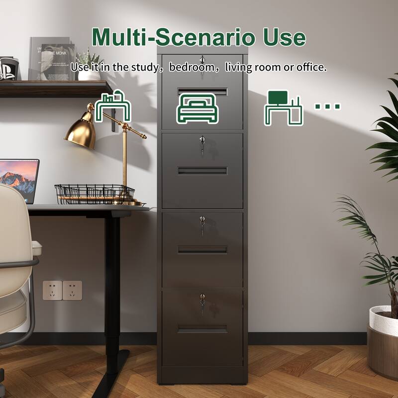 Modern 4-Drawer Vertical Black Filing Cabinet with Locking, Silent Slides and Adjustable Hanging Rod, for Home Office