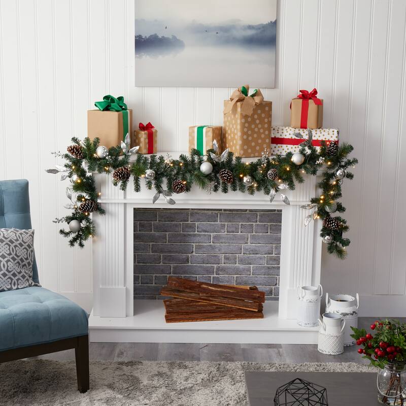 9’ x 10" Ornament and Pinecone Artificial Christmas Garland, Clear LED