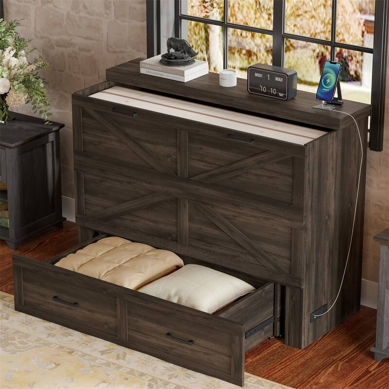 Farmhouse Murphy Bed Wall Bed with a Large Drawer, Full/Queen Size Foldable Murphy Cabinet Bed with Charging Station