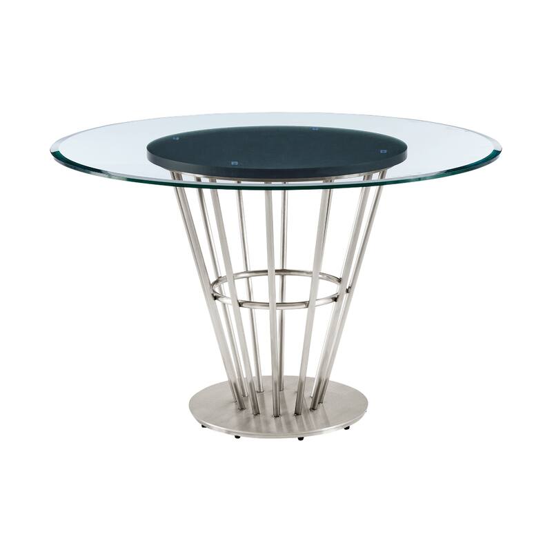 Vena Dining Table, Brushed Steel, Brown Wood, 48 Inch Glass Top - Walnut Brown, Silver, Clear