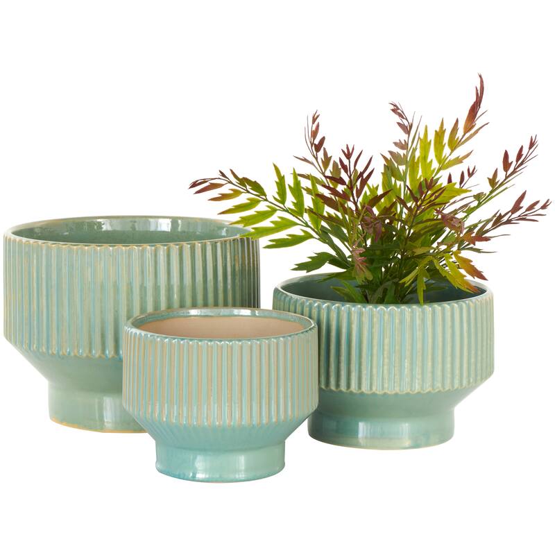 Green, Cream or White Ceramic Wide Planter with Linear Grooves and Tapered Bases (Set of 3)