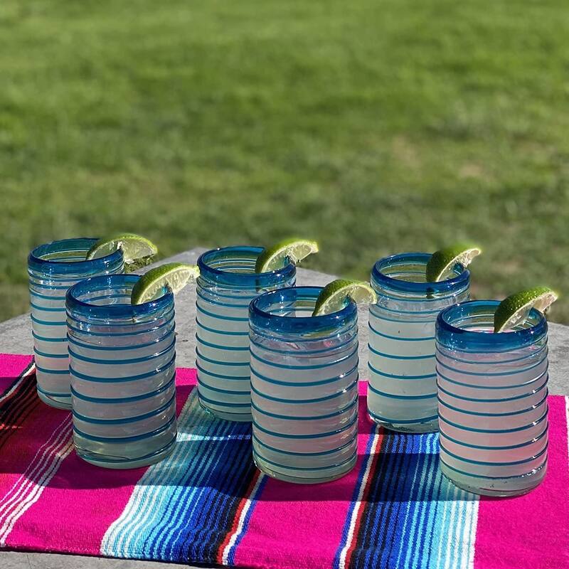 Dos Sueños Hand Blown Mexican Drinking Glasses - Set of 6 Glasses with an Aqua Spiral Design (14 oz each)