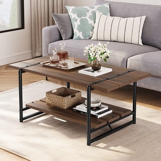 2-Tier Wood Farmhouse Coffee Table with Storage Shelf - Bed Bath ...