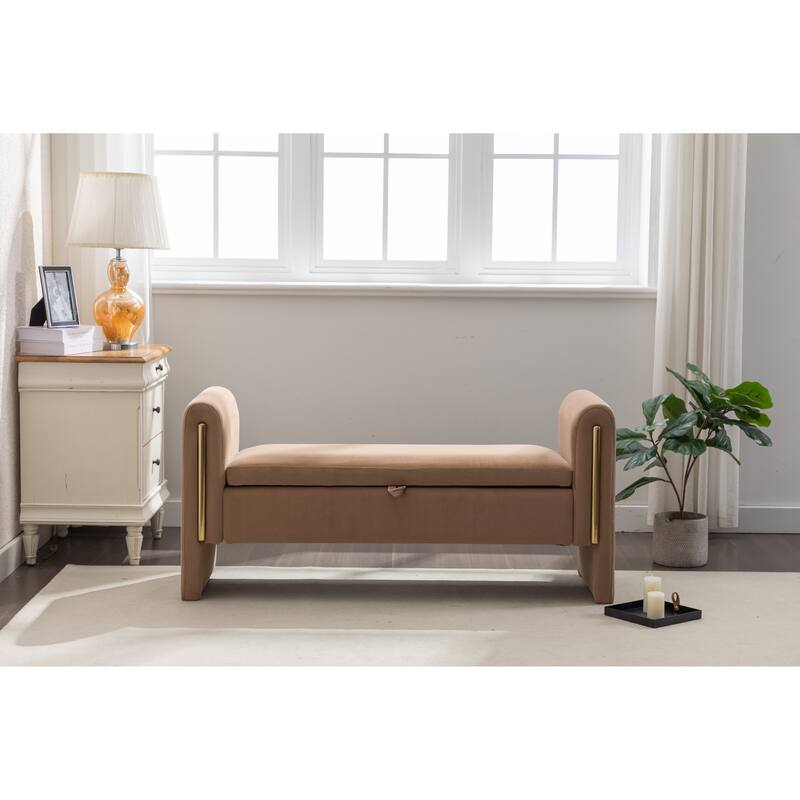 53" Modern Storage Bench with 300lb Seating, Velvet Upholstered Bed Bench with Wood Legs Safety Hinge