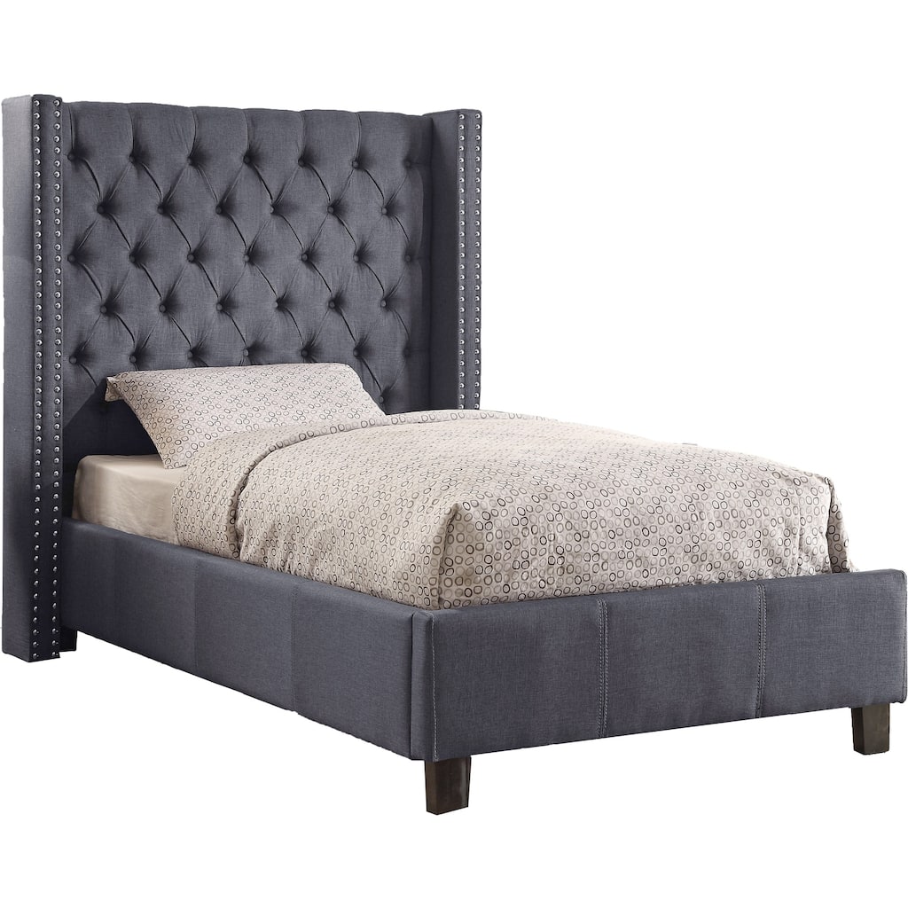 Linen Wingback Bed - Button Tufted Upholstered Bed with Nailhead Trim & Wood Legs