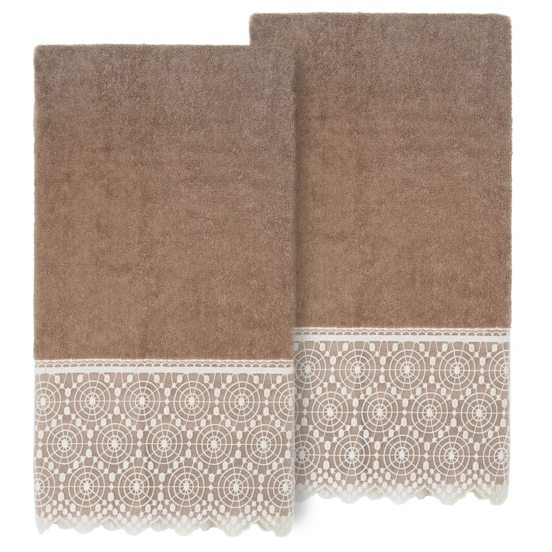 Authentic Hotel and Spa Turkish Cotton Arian 2PC Cream Lace Embellished Bath Towel Set - Latte