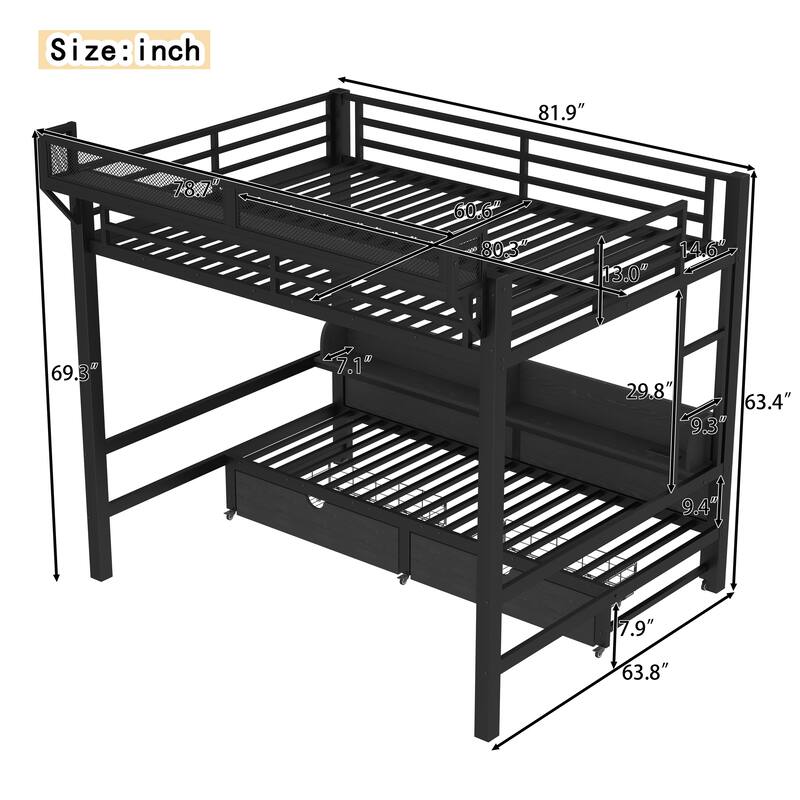 Queen over Queen Bunk Bed with Storage Shelves & Drawers, USB Ports & LED Lights, Convertible Sofa Lower Bed