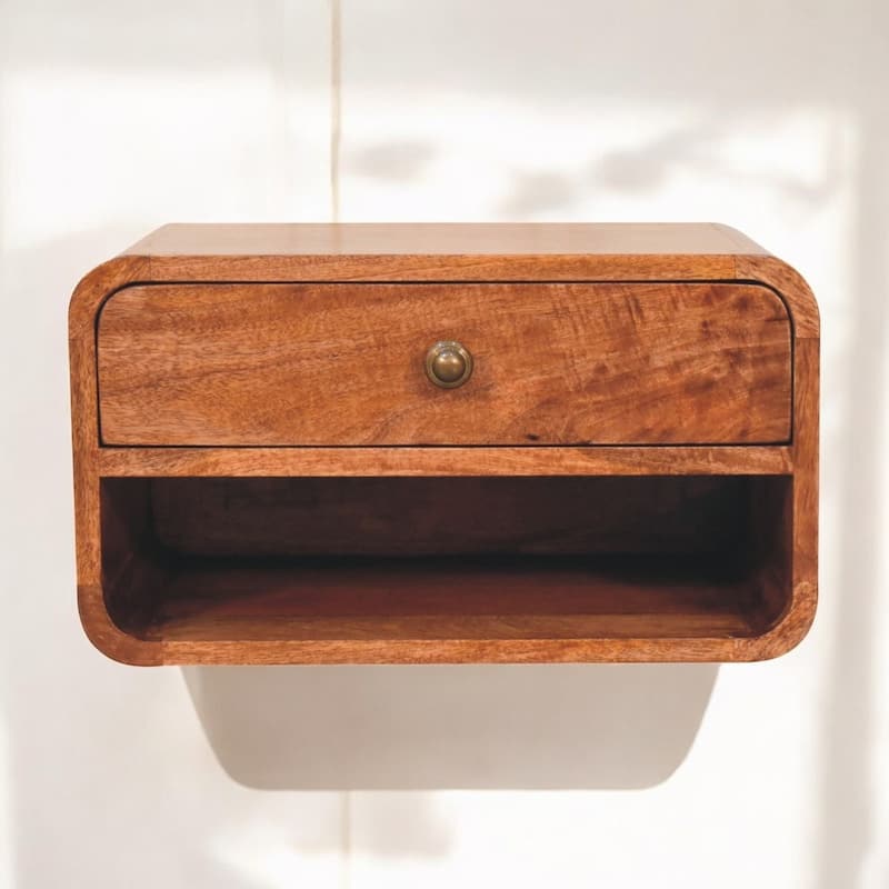 Artisan Furniture Solid Wood Curved Honey Caramel Wall Mounted Bedside with Open Slot