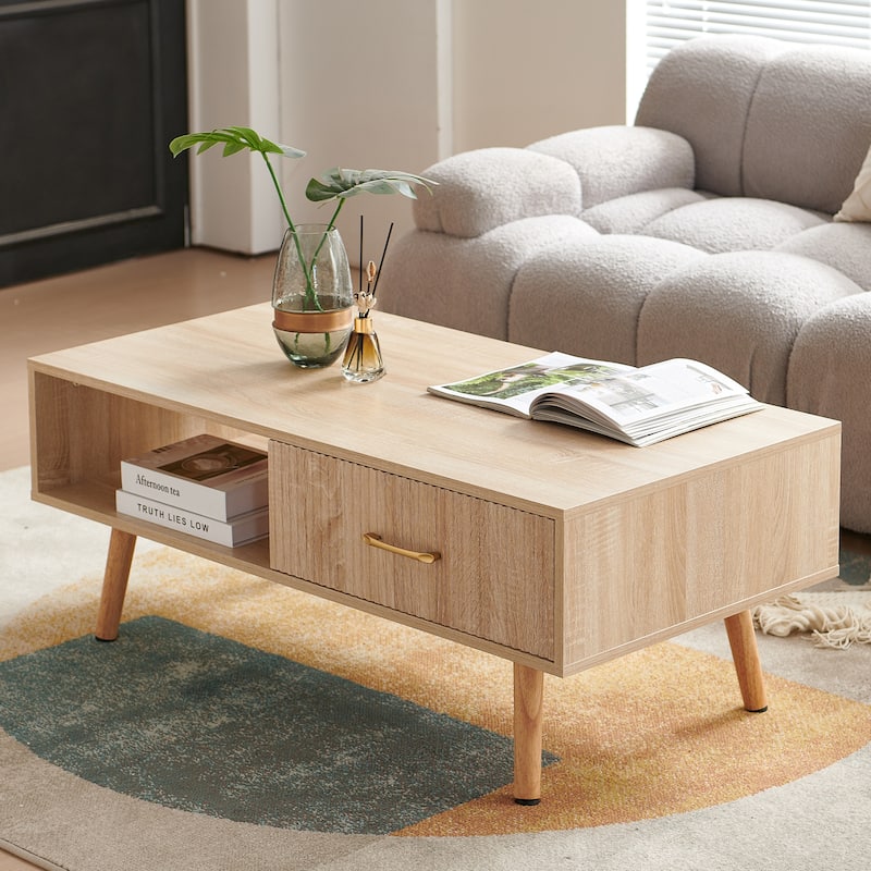 Rectangle Coffee Table with Solid Wood Legs, Sliding Drawer for Storage, Modern Table
