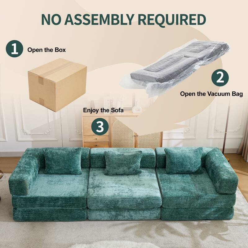 Chenille Fabric Compression Sofa, Boneless Modular Sectional Sofa, Convertible Floor Sofa Bed with Fixed-Shape Frame