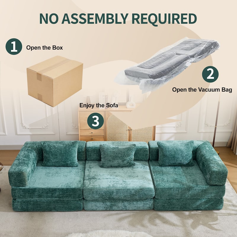 Free Combination Lazy Folding Sectional Sofa Chenille Modular Sleeper Sofa Bed Floor Standing Compression Mattress