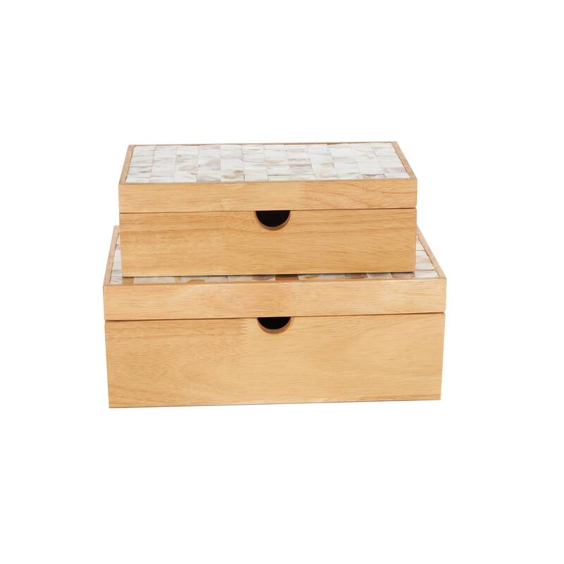 Light Brown Wood Handmade Storage Decorative Box with Seashell Tops (Set of 2) - 8"W x 12"L x 5"H