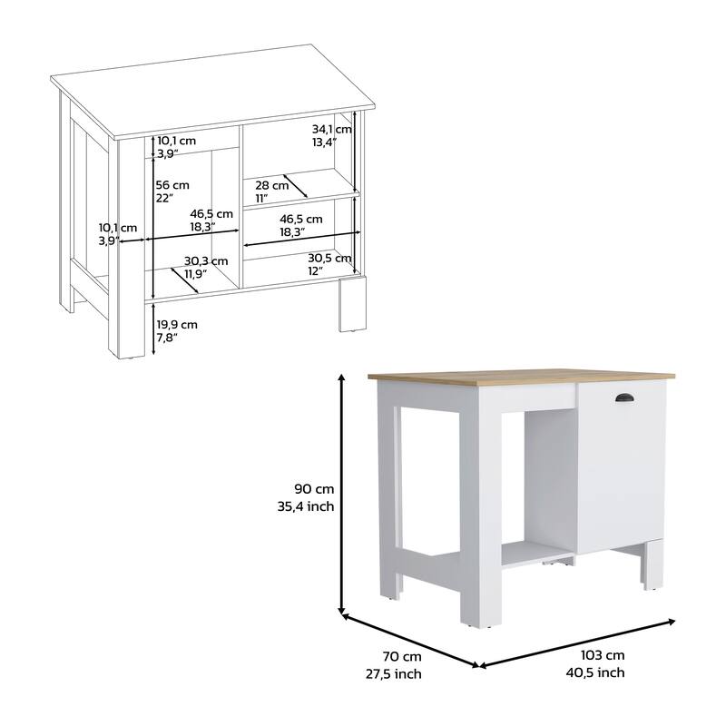 White/Macadamia Kitchen Island, 35" H, with Storage Cabinet and 3 Shelves for Kitchen Storage