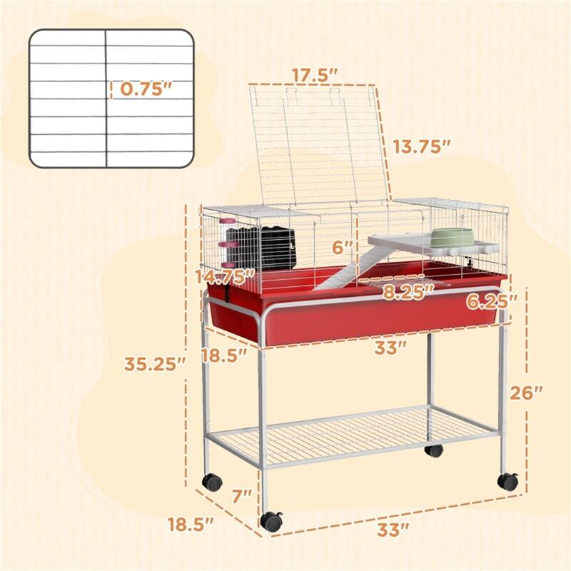 Red-White Small Habitat Cage with Two Doors and Storage Shelf - 33" L x 18.5" W x 35.25" H