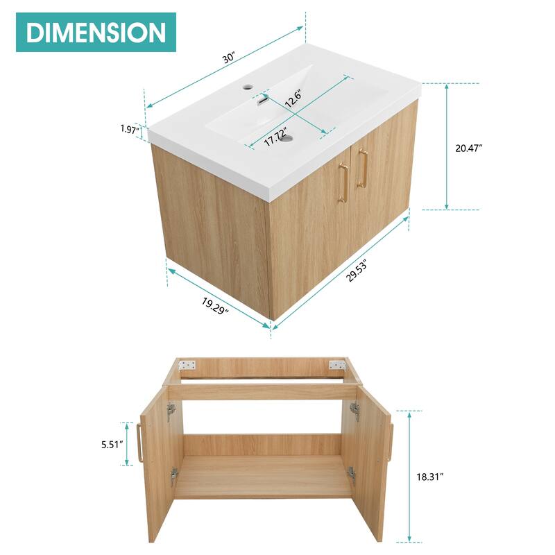 Prismella 24" 30" Wall-Mount Bathroom Vanity in Oak with Top