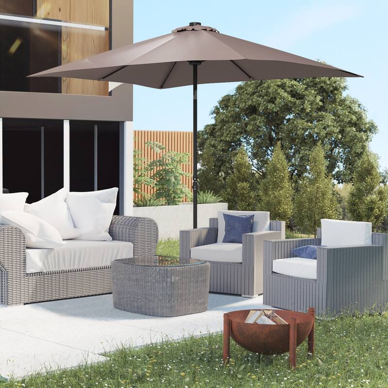 Outdoor terrace umbrella with tilting mechanism and LED lighting